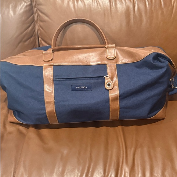 Vintage Nautica Canvas Duffel Bag Blue And Brown - Picture 1 of 9